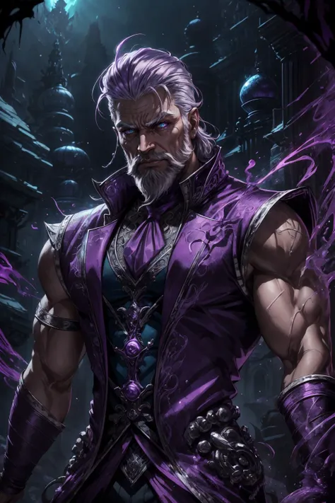 a man with purple hair and a purple outfit holding a sword