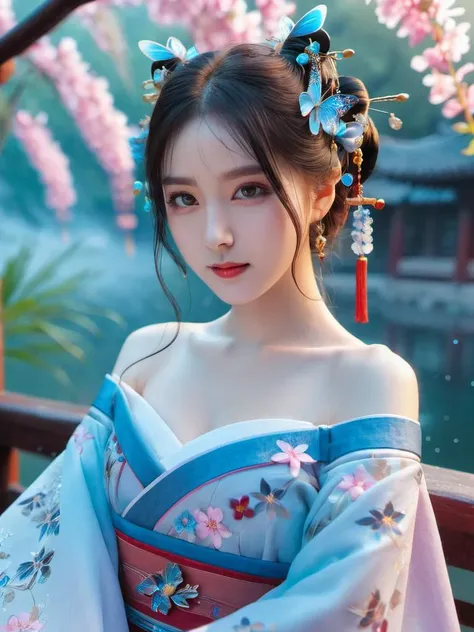 yanyuelou,1girl, colorful hanfu, bare_shoulders, wide_sleeves, cleavage, light_particles, Blue eyes,pink_butterfly, flowers, blue flowers,Upper body, star_(sky),<lora:yanyuelouSDXL-000008:0.8>