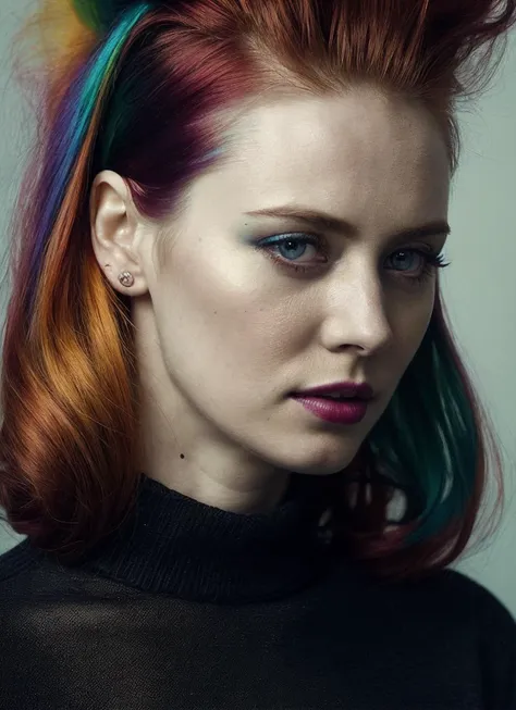 portrait of sks woman by Flora Borsi, style by Flora Borsi, bold, bright colours, rainbow Mohawk haircut, ((Flora Borsi)), <lora:locon_deborahannwoll_v1_from_v1_64_32:1>