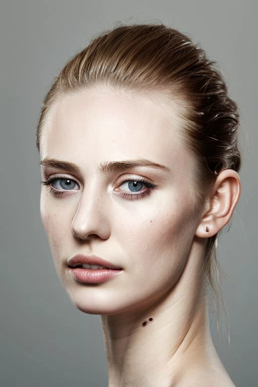 portrait of young sks woman, topless, slick hair, oiled skin, grey background,
 <lora:CR-DeborahAnnWoll-malcolmrey:1.0>