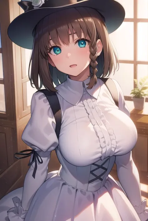 charlottecorday, <lyco:charlottecorday-lyco-nochekaiser:1>,
charlotte corday, braid, brown hair, (green eyes:1.5), short hair, side braid, (large breast:1.2),
BREAK hat, hat flower, juliet sleeves, long sleeves, puffy sleeves, (white dress:1.5), frills, to...