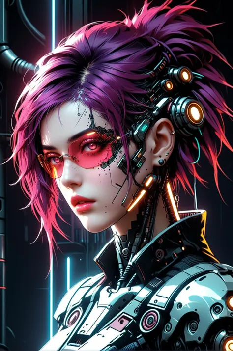 a woman with purple hair and a futuristic face and headphones