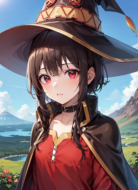 ((best quality)), ((highly detailed)), absurdres, (detailed eyes, deep eyes), (1girl), fisheye lense, upper body, <lora:megumin_v3:.7>, black hair, red eyes, megumindef, witch hat, cape, (outside, on a volcano, midday)