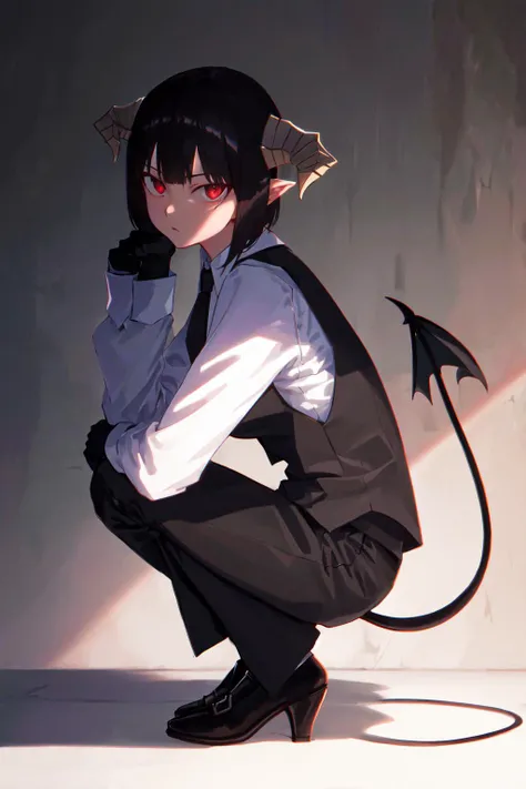 masterpiece, best quality, highres, 1girl horns short hair demon tail, white shirt black ascot black gloves black pants black vest <lora:goumon_torture:1> squatting, from side, looking at viewer, head rest