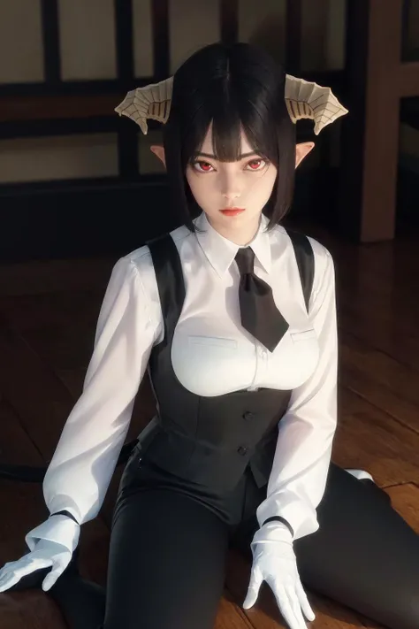 masterpiece, best quality, highres, 1girl horns short hair demon tail, white shirt black ascot black gloves black pants black vest <lora:goumon_torture:1> photorealistic, sitting, wariza