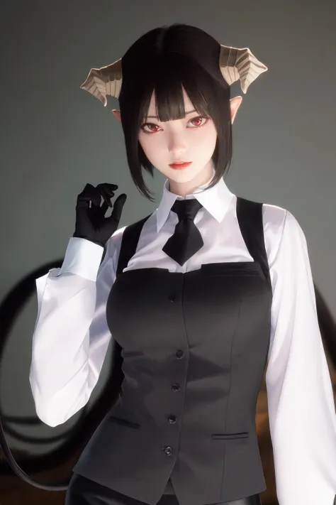 masterpiece, best quality, highres, 1girl horns short hair demon tail, white shirt black ascot black gloves black pants black vest <lora:goumon_torture:1> photorealistic