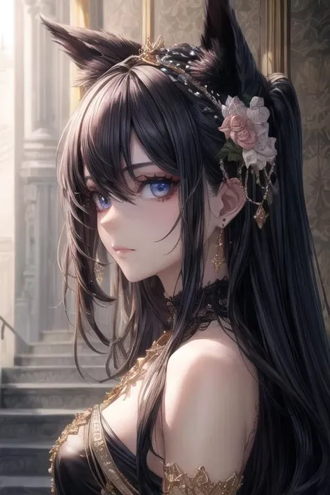 a woman with long black hair and a flower in her hair