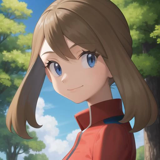 <lora:character_pokemon_may_v4:0.5> forest, cloudy sky, 1girl, character_pokemon_may, solo, portrait, from side, looking at viewer, smile, closed mouth, shirt