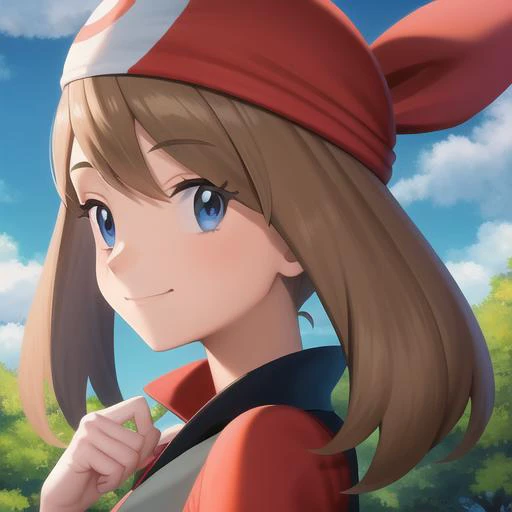 <lora:character_pokemon_may_v3:0.5> forest, cloudy sky, 1girl, character_pokemon_may, solo, portrait, from side, looking at viewer, smile, closed mouth, bandana, shirt