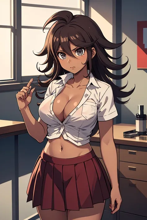 (masterpiece, best quality), 1girl,    <lora:owari_akane:0.8> owari_akane, (dark skin, dark-skinned female:1.4), large breasts, cleavage, long hair, shirt, collarbone, hair between eyes, skirt, white shirt, navel, collared shirt, short sleeves, pleated ski...