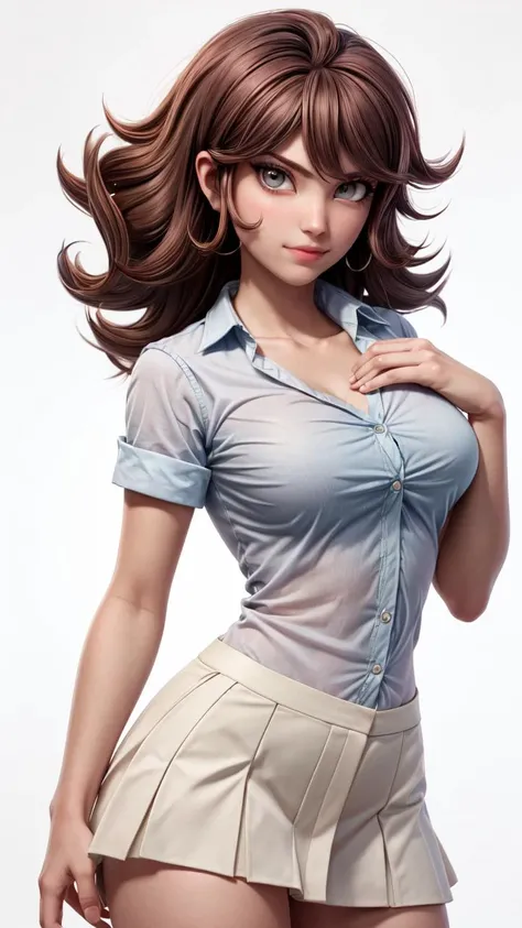 (1girl, solo, masterpiece, 4k, best quality:1.2, (cowboy shot), best quality:1.2, NICE HANDS, COLORFUL, (perfect hands, perfect anatomy)), 
owari_akane,  long hair, shirt, collarbone, hair between eyes, skirt, navel, collared shirt, short sleeves,  short s...