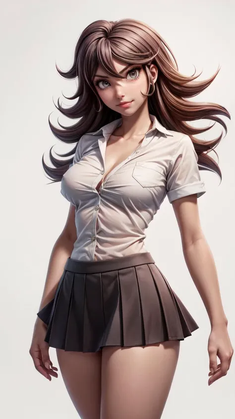 (1girl, solo, masterpiece, 4k, best quality:1.2, (cowboy shot), best quality:1.2, NICE HANDS, COLORFUL, (perfect hands, perfect anatomy)), 
owari_akane,  long hair, shirt, collarbone, hair between eyes, skirt, navel, collared shirt, short sleeves,  short s...