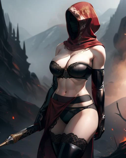 high quality, realistic, (obscured face:1.5),
sorceress in a sexy pose wearing a leather tube top , pale skin, white skin, blue skin,
 <lora:Dsorceress:0.65> dsorceress, SDress, elbow gloves, red hood, midriff, brown strapless bra. black panties, lace-trim...