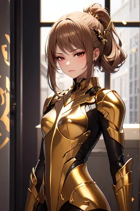 <lora:golden armor_20230810181640:0.6>, ultra detailed, masterpiece, best quality, aesthetic, detailed,, valkyrie, (bodysuit:1.1), pink wing hair ornament, grey armored skirt, black bodysuit, armor, gauntlets, pink breastplate, greaves, armored dress, pink...