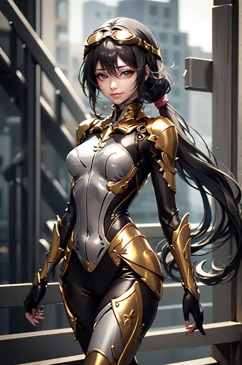 <lora:golden armor_20230810181640:0.6> (goggles on head:1.3),, ultra detailed, masterpiece, best quality, aesthetic, detailed,, valkyrie, (bodysuit:1.1), pink wing hair ornament, grey armored skirt, black bodysuit, armor, gauntlets, pink breastplate, greav...