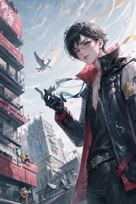 masterpiece,best quality,ultra-detailed, <lora:STF-000004:1>,STF,male_focus,cowboy shot,
1man, black glasses, long leather coat, leather pants, black sleeveless shirt, holding a pistol in both hands, Kreeves, on the top of a building with a heliport, clear...