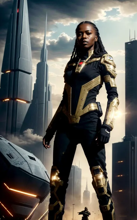 (style of Ilya Kuvshino, [OverallDetail:HairDetail fHandDetail SkinDetail :0.7]:1.2),  (intense dramatic lighting), ((darkskinned woman in scifi militarystyle uniform standing in front of mechatank)), sharp angles, embellished with intricate gold braiding ...