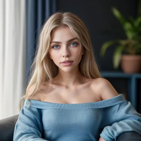 a woman sitting on a couch with a blue sweater on