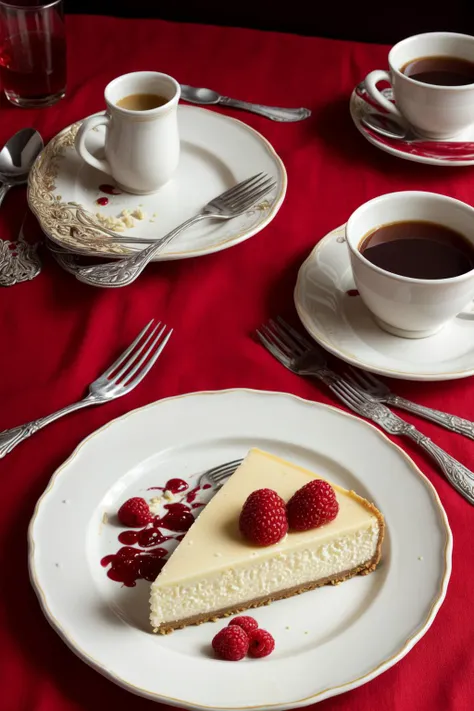 there is a piece of cheesecake on a plate with raspberries