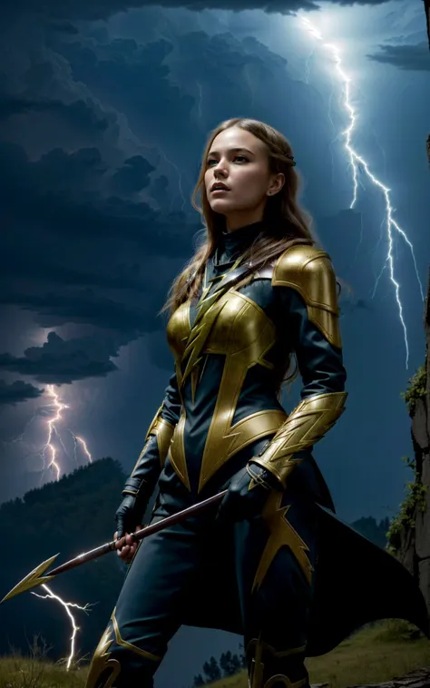 a woman in a costume standing in front of a lightning