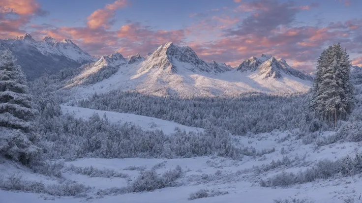 snowy mountains with trees and a pink sky in the background