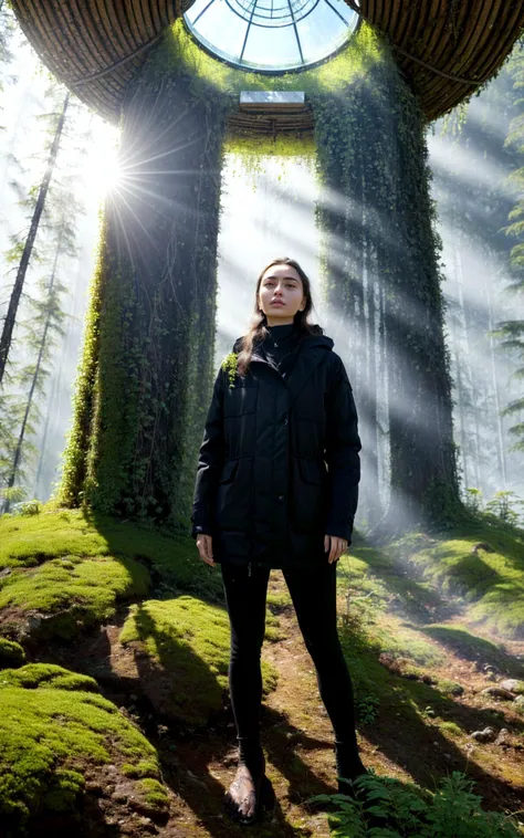 arafed woman standing in front of a forest with a circular window