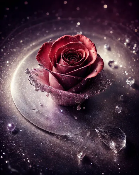 a close up of a rose on a plate with water droplets