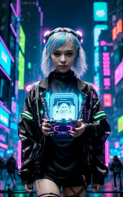 a woman in a black jacket holding a camera in a neon city