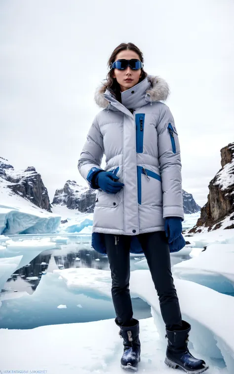 a woman standing on a snow covered mountain with a large glacier behind her