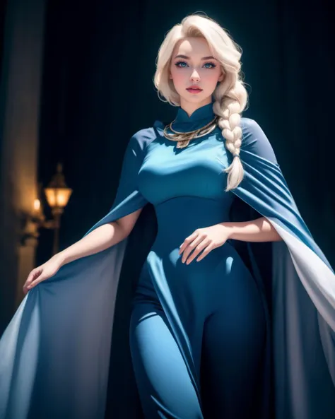 a woman in a blue dress and cape posing for a picture