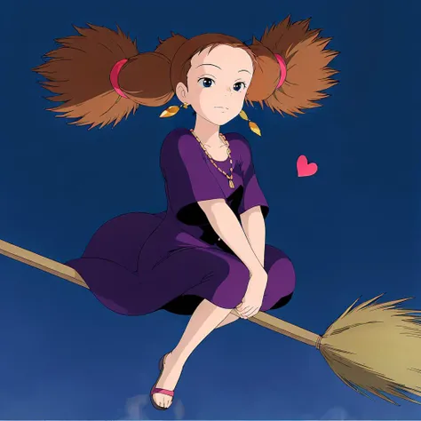 <lora:Kiki003:0.7>,<lora:add_detail:1>,<lora:boldline:-0.8>,<lora:noline:0.3>,
Senior_Witch,1girl,
Brown hair,
twintails,
long hair,
blue eyes,
necklace,
heart earrings,
purple dress,
black footwear,
cat,
broom riding,