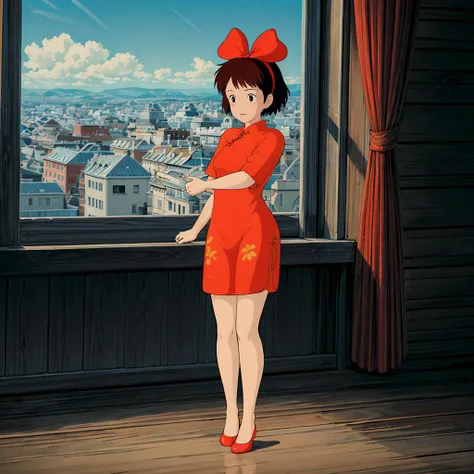 anime girl in red dress standing in front of a window