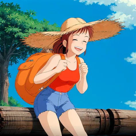 <lora:Kiki003:0.7>,<lora:add_detail:1>,<lora:boldline:-0.8>,<lora:noline:0.3>,closed eyes,open mouth,smile,
Ursula,1girl,
Ponytail,
brown hair,
long hair,
dark eyes,
straw hat,
tank top,
denim shorts,
backpack,
nature,