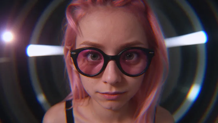 1girl, pink hair, <lora:fisheye_slider_v10:3>fisheye, leotard, (rim light), sunglasses, cinematic, inside of a starship, <lora:scared_v1:0.8>scared expression, (bokeh), lens flares