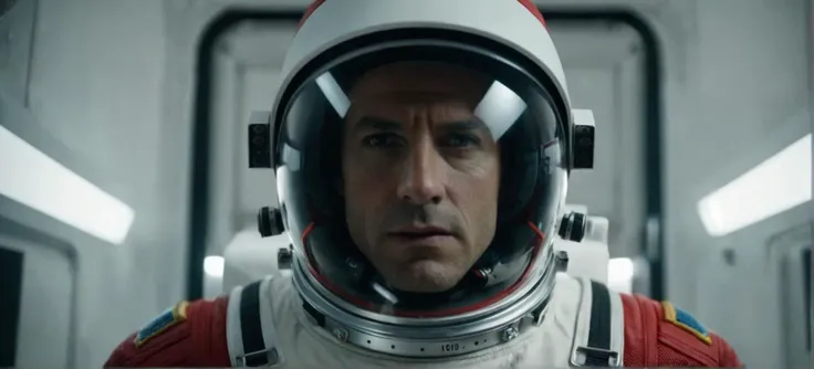 cinematic film still of Cinematic Film stock footage in (arri alexa style) Kodak film print, a man in a red space suit standing in a white room Cinematic Film Style, shallow depth of field, vignette, highly detailed, high budget, bokeh, cinemascope, moody...