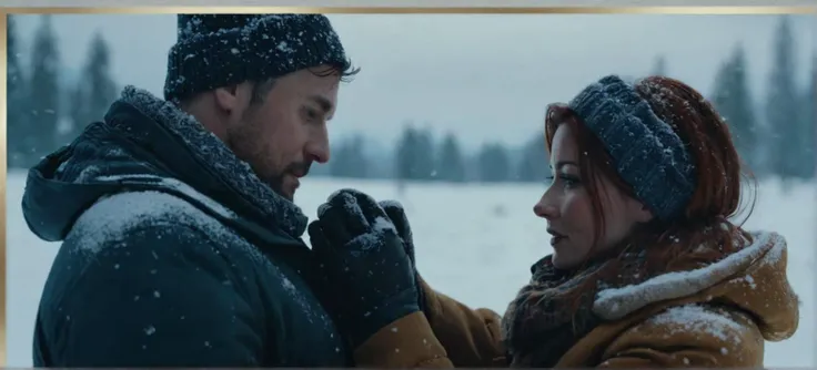 cinematic film still of Cinematic Film stock footage in (arri alexa style) Kodak film print, a man and a woman are embracing in the snow Cinematic Film Style, shallow depth of field, vignette, highly detailed, high budget, bokeh, cinemascope, moody, epic, ...