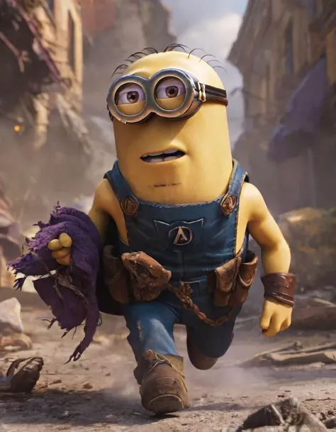 A cinematic film still of a (Movie Still) from The Avengers, a minion in tattered clothes, injured, being chased by Thanos, cinematic lighting, film still, movie, A cinematic film still of a (Movie Still) from The Avengers, a minion in tattered clothes, in...
