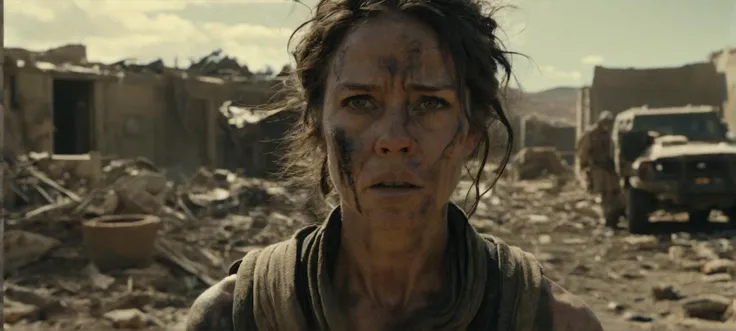 a woman standing in a dirty area with a truck in the background