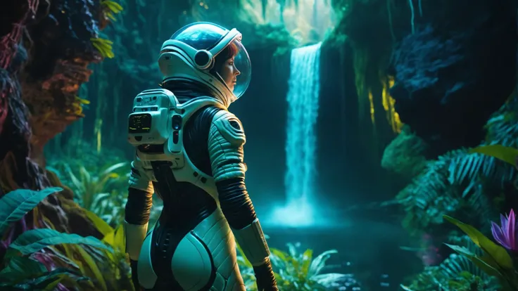 analog photography, female astronaut wearing a futuristic skintight sci-fi spacesuit standing on an alien planet looking at a lush, glowing bioluminescent alien landscape, large luminous plants, bioluminescent jungle, waterfall,  luminous flying animals, s...