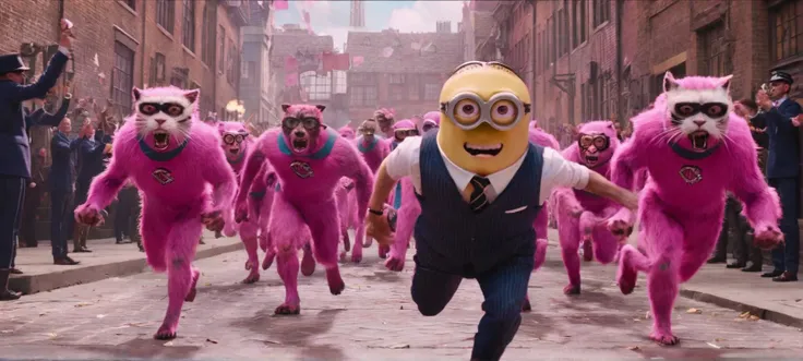 A cinematic film still of a (Movie Still) from Kingsman,
a minion in tattered clothes, injured, being chased by pink panthers,
cinematic lighting, film still, movie