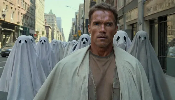 a man in a white robe is walking down the street with ghost heads