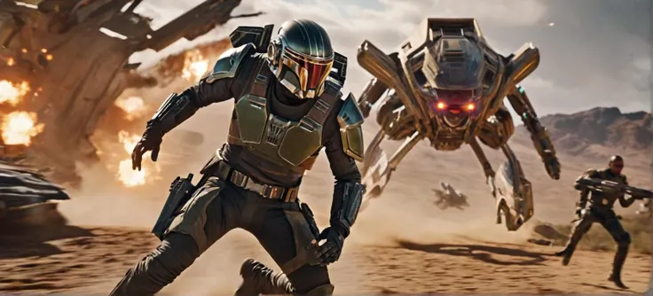 A high-speed, cinematic film still of an intergalactic bounty hunter in hot pursuit of their target, the frame alive with a kinetic, adrenaline-fueled energy as the two combatants weave through the hazardous terrain of an alien world.