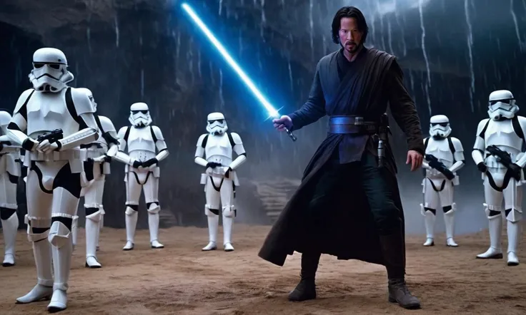 a man in a star wars costume standing in front of a line of stormtroopers