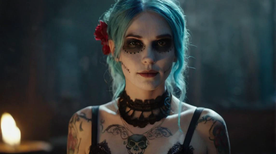 1 girl, beautiful woman, solo, goth bodice, (pale skin:1.3),face tattoos, (shy smile:1.5), body tattoos, dusty graveyard background, fog, night, torchlight, undercut aqua hair, colorful day of the dead