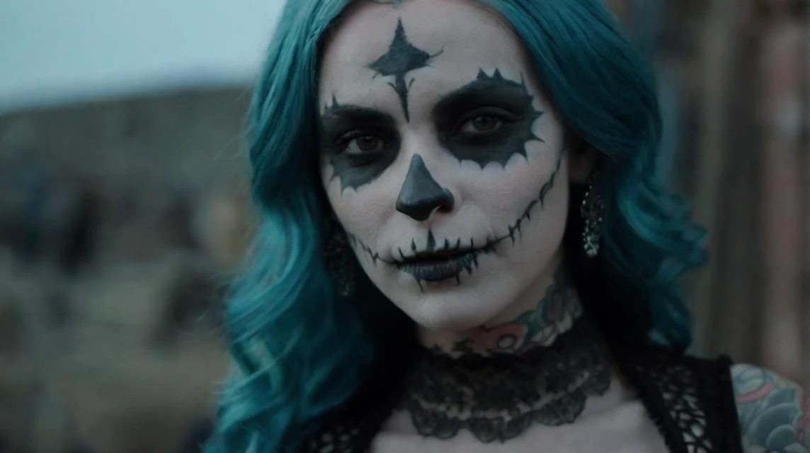 1 girl, beautiful woman, solo, goth bodice, (pale skin:1.3),face tattoos, (shy smile:1.5), body tattoos, dusty graveyard background, fog, night, torchlight, undercut aqua hair, skull girl, day of the dead