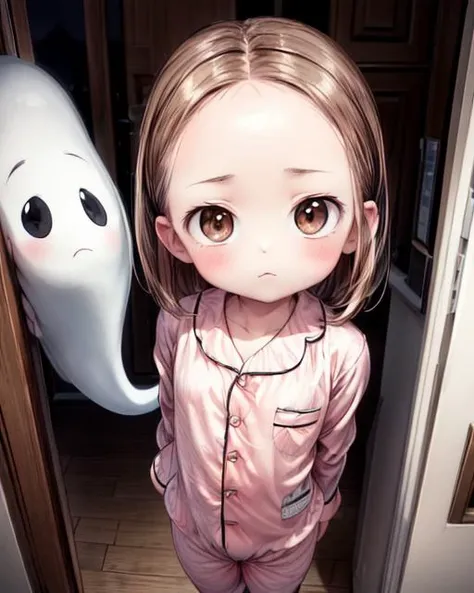 anime girl in pajamas standing in front of a ghost