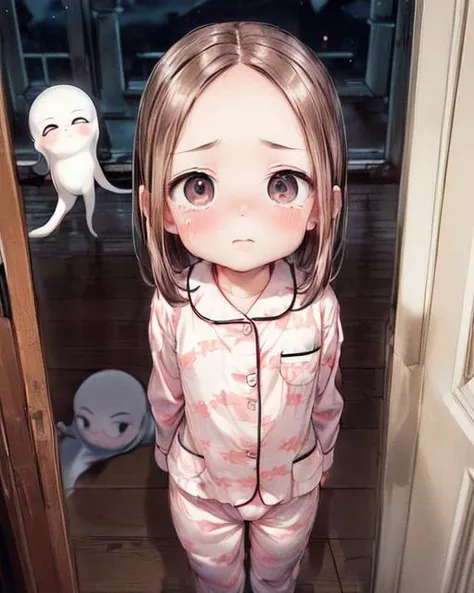 anime girl in pajamas standing in front of a door with a stuffed animal