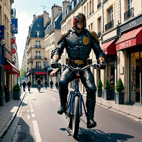 Dredd riding a bicycle in paris, jdgdrdd