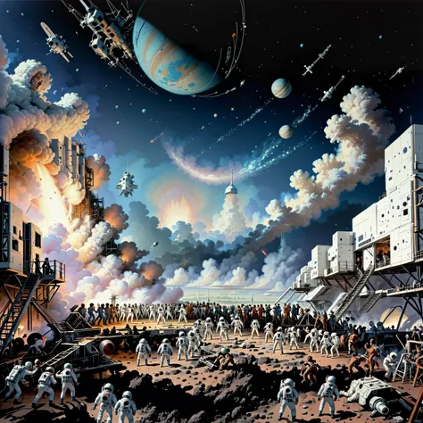 painting of a scene of a space battle with a group of people