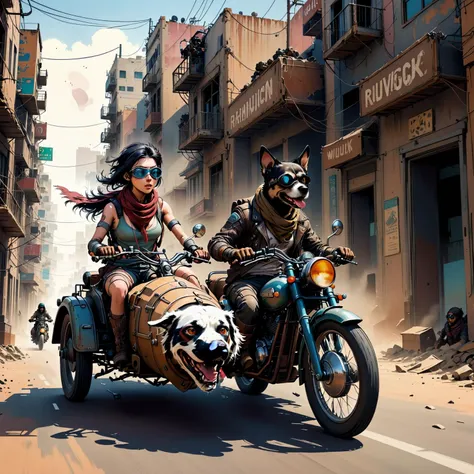 A post-apocalyptic survivor on a motorcycle, speeding through a deserted city with a loyal dog in the sidecar, both wearing goggles and scarves against the dust.